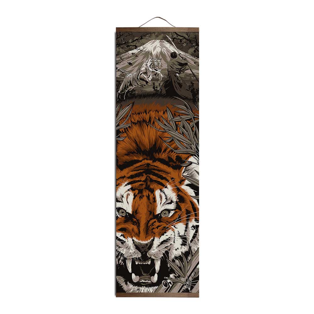 Japanese Samurai Ukiyoe Tiger Canvas Poster Pictures for Living Room Home Decor Painting Wall Art with Solid Wood Hanging Scroll