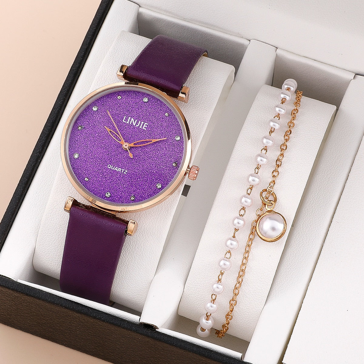 Ladies Watch Set Fashion Starry Dial Bracelet Women's Leather Strap Quartz Girl's WristWatch(No Box)