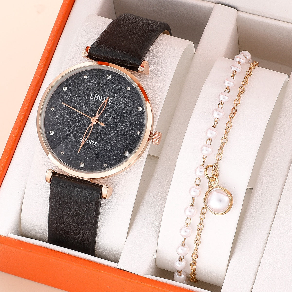 Ladies Watch Set Fashion Starry Dial Bracelet Women's Leather Strap Quartz Girl's WristWatch(No Box)