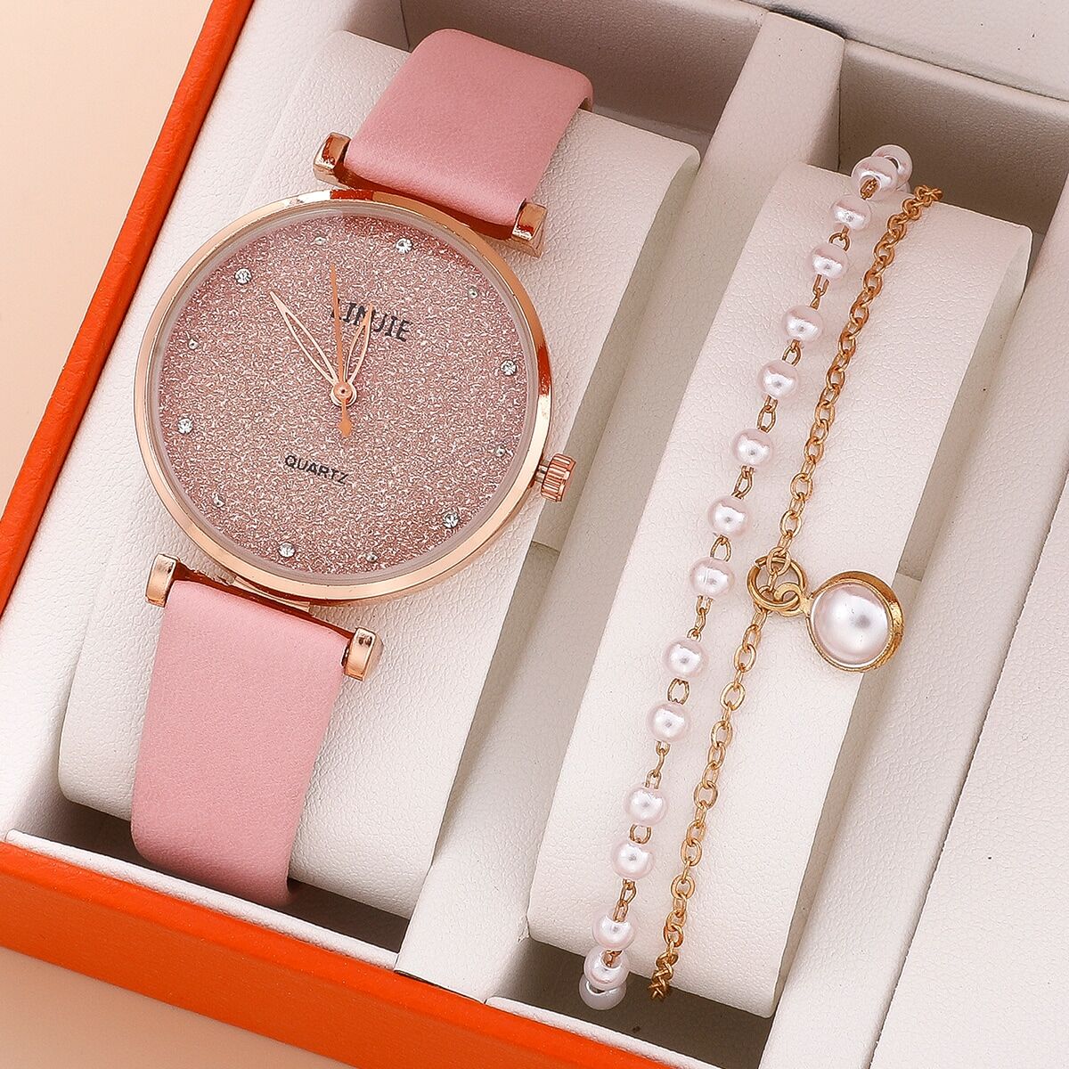 Ladies Watch Set Fashion Starry Dial Bracelet Women's Leather Strap Quartz Girl's WristWatch(No Box)