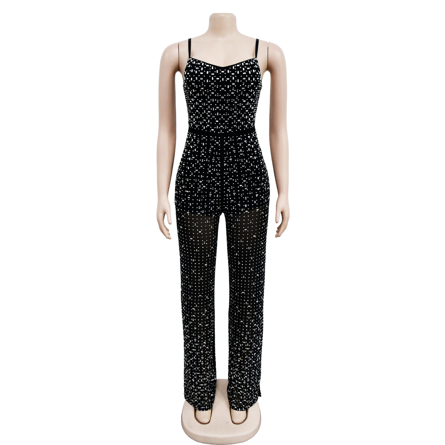 Women's Wear Rhinestone Mesh Camisole Sleeveless Trousers Jumpsuit