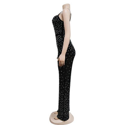 Women's Wear Rhinestone Mesh Camisole Sleeveless Trousers Jumpsuit