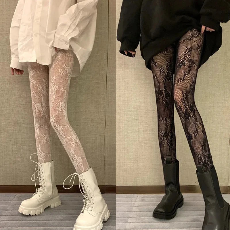 Gothic Tights Women Leggings Lolita Hollowed Out Mesh Stockings Japanese Bottomed Lace Pantyhose Floral Rattan Black Stocking