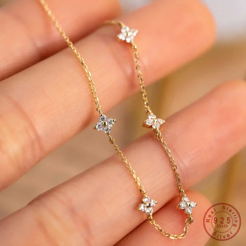 925 Sterling Silver Plated 18k Gold Shiny Zircon Flower Bracelet for Women Girl Korean Temperament Exquisite Jewelry Gifts