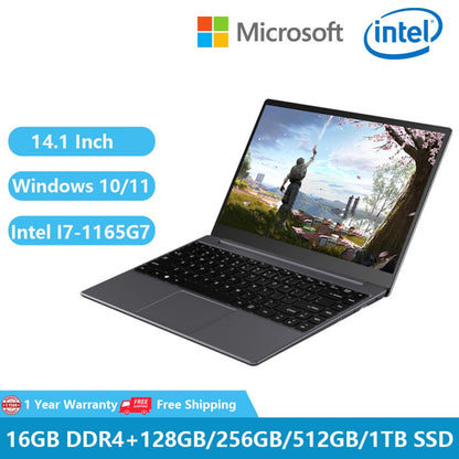 2022 Portable Ultra Thin Laptops Notebook Windows 11 10 Pro Office Computer 14.1" 1920*1080 Intel Core I7-1165G7 16GB+1TB 11th