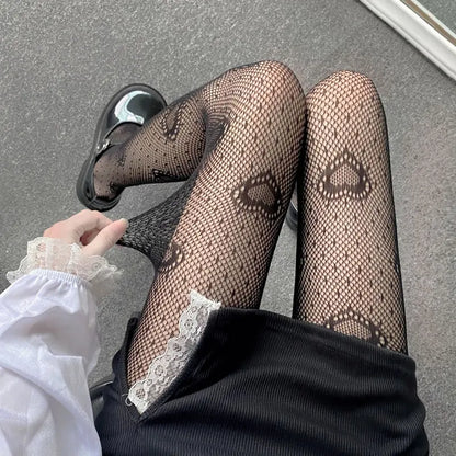 Gothic Tights Women Leggings Lolita Hollowed Out Mesh Stockings Japanese Bottomed Lace Pantyhose Floral Rattan Black Stocking