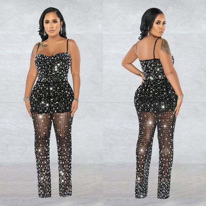 Women's Wear Rhinestone Mesh Camisole Sleeveless Trousers Jumpsuit