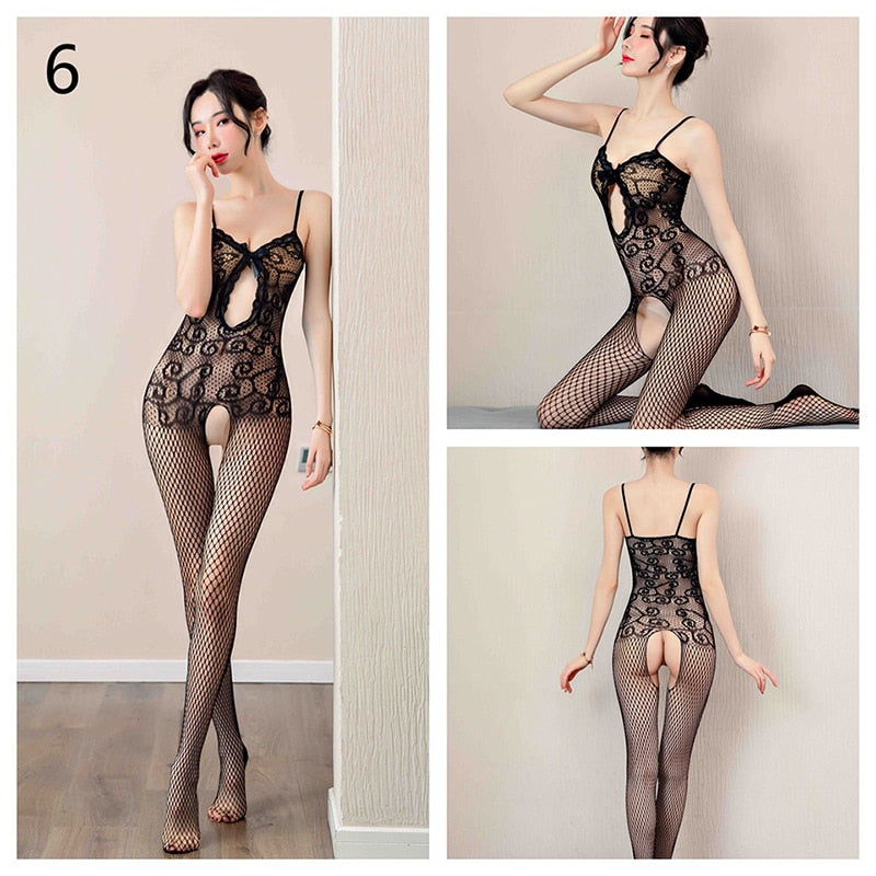 Sexy Lingerie Mesh Bodysuits Pornographic Movies Xxx Fishnet Crotchless Catsuit Babydoll Stockings Uniform Teddies Underwear Set