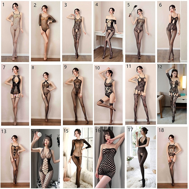 Sexy Lingerie Mesh Bodysuits Pornographic Movies Xxx Fishnet Crotchless Catsuit Babydoll Stockings Uniform Teddies Underwear Set