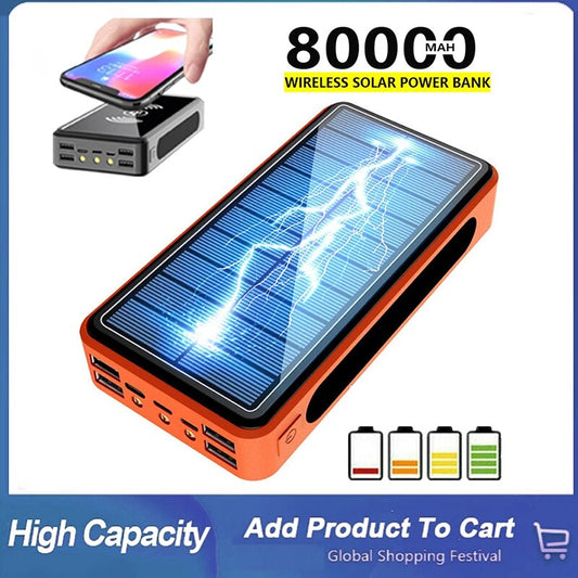 80000mAh High Capacity Solar Power Bank Camping Light Powerbank Solar Charger with 4USB Ports External Battery for Xiaomi IPhone