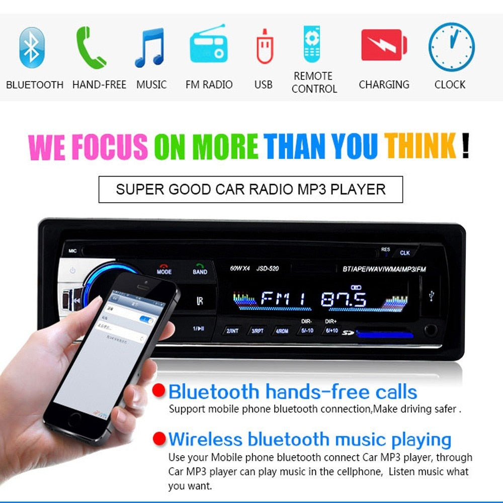 Podofo Car Radio Stereo Player Digital Bluetooth MP3 Player JSD-520 60Wx4 FM Audio Stereo Music USB/SD with In Dash AUX Input