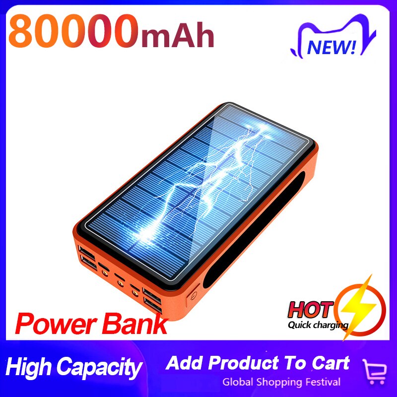 80000mAh High Capacity Solar Power Bank Camping Light Powerbank Solar Charger with 4USB Ports External Battery for Xiaomi IPhone