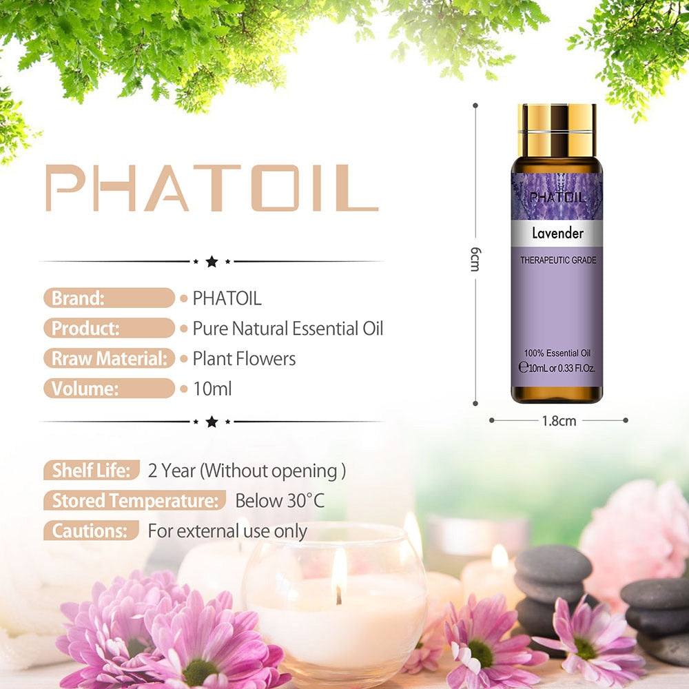 PHATOIL 10ML with Dropper Lavender Eucalyptus Vanilla Pure Natural Essential Oils Rose Jasmine Ylang Ylang Diffuser Aroma Oil