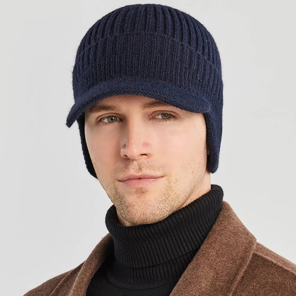 Men Winter Knitted Hat Outdoor Cycling Ear Protection Warmth Peaked Cap Casual Fashion Sunhat Bomber Hats 56-61CM