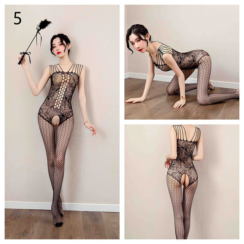 Sexy Lingerie Mesh Bodysuits Pornographic Movies Xxx Fishnet Crotchless Catsuit Babydoll Stockings Uniform Teddies Underwear Set