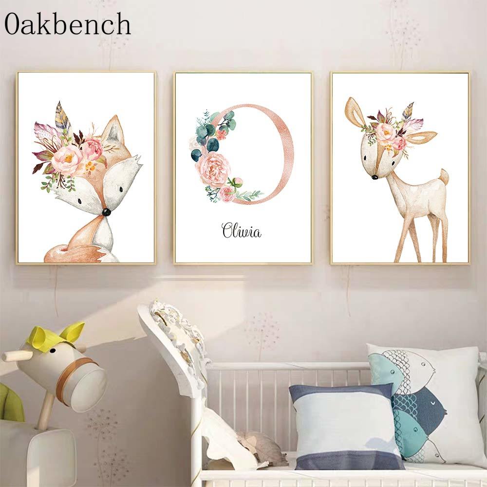 Animals Canvas Poster Custom Name Wall Art Deer Fox Art Prints Flower Bunny Print Pictures Nursery Posters Baby Girl Room Decor