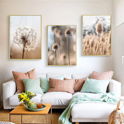 Beige Reed Dandelion Grass Cow Natural Wall Art Canvas Painting Nordic Posters And Prints Wall Pictures For Living Room Decor