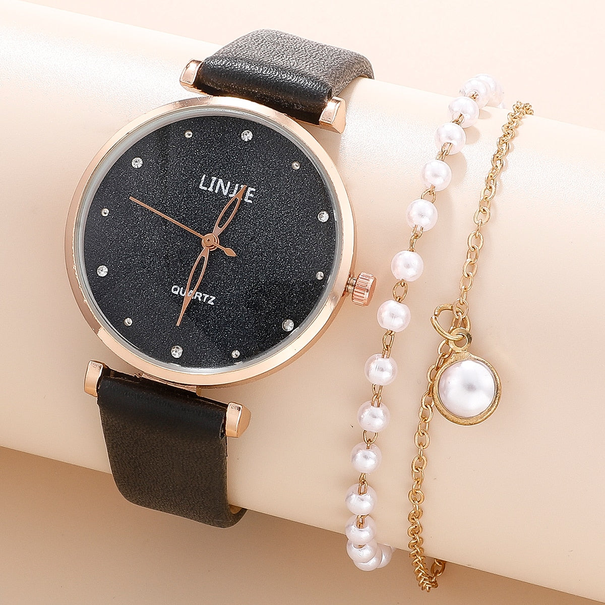 Ladies Watch Set Fashion Starry Dial Bracelet Women's Leather Strap Quartz Girl's WristWatch（No Box）