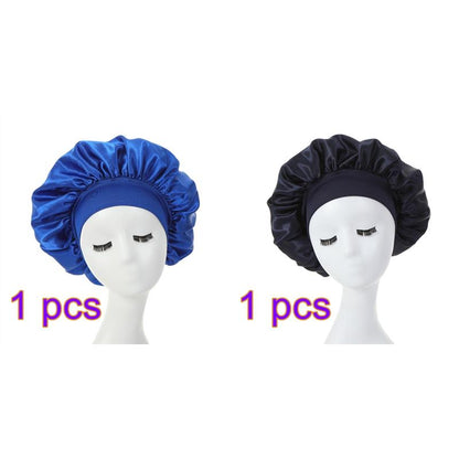 Women Night Sleep Hair Caps Silky Bonnet Satin Double Layer Adjust Head Cover Hat For Curly Springy Hair Styling Accessories