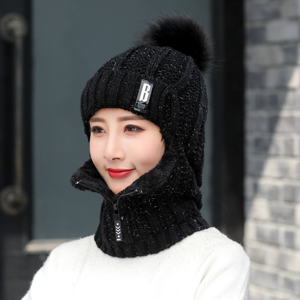 Women Wool Knitted Hat Ski Hat Sets Windproof Winter Outdoor Knit Thick Siamese Scarf Collar Warm Keep Face Warmer Beanies Hat