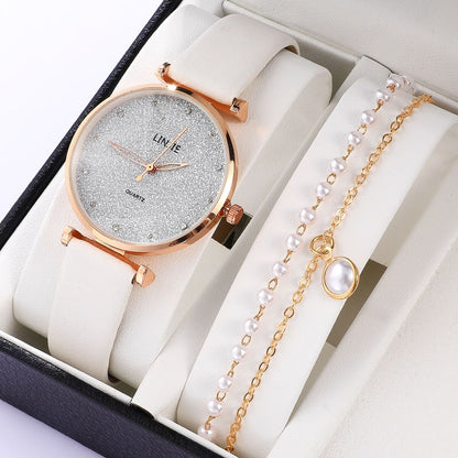 Ladies Watch Set Fashion Starry Dial Bracelet Women's Leather Strap Quartz Girl's WristWatch（No Box）