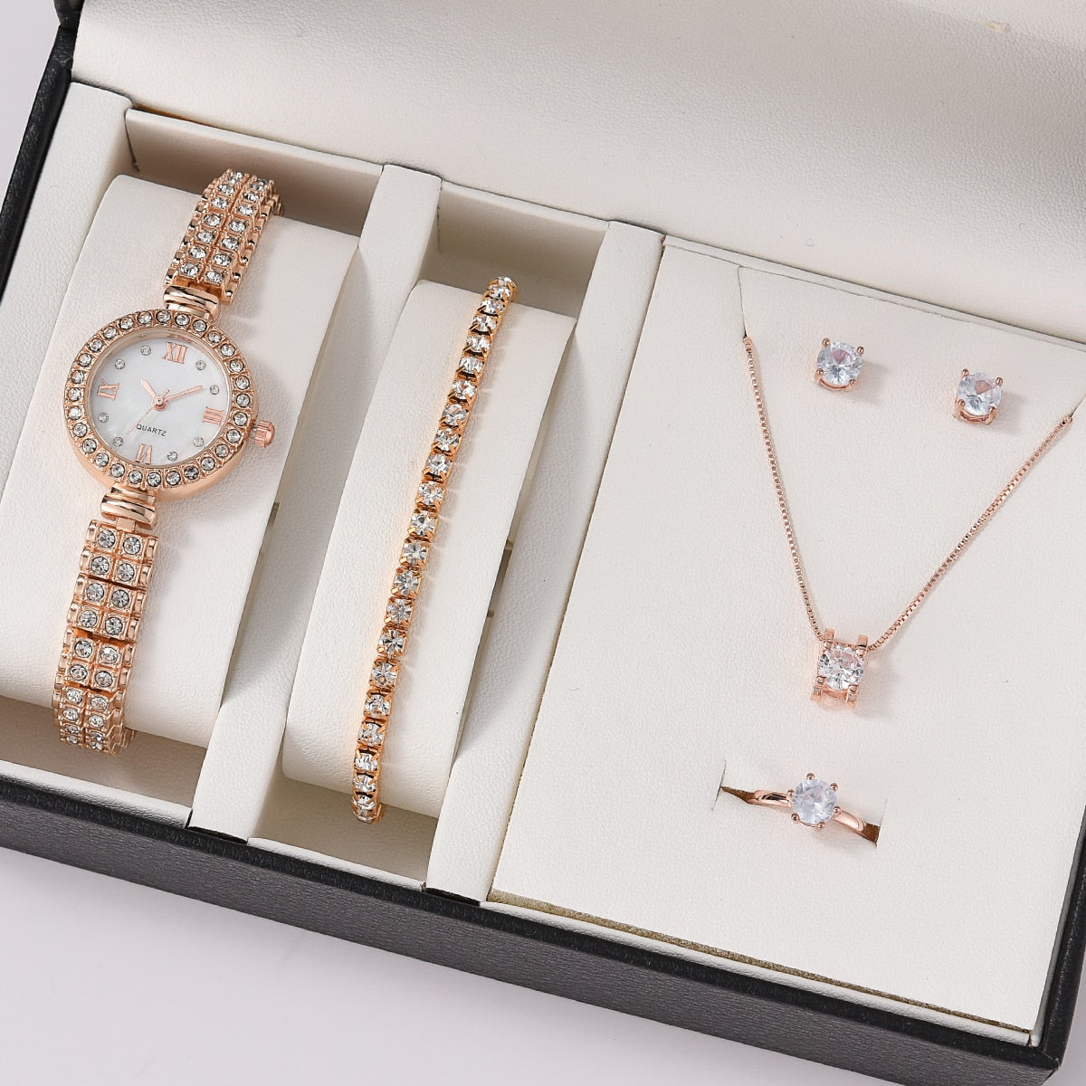 6PCS Set Luxury Watch Women Ring Necklace Earrings Rhinestone Fashion Wristwatch Female Casual Ladies Watches Bracelet Set Clock