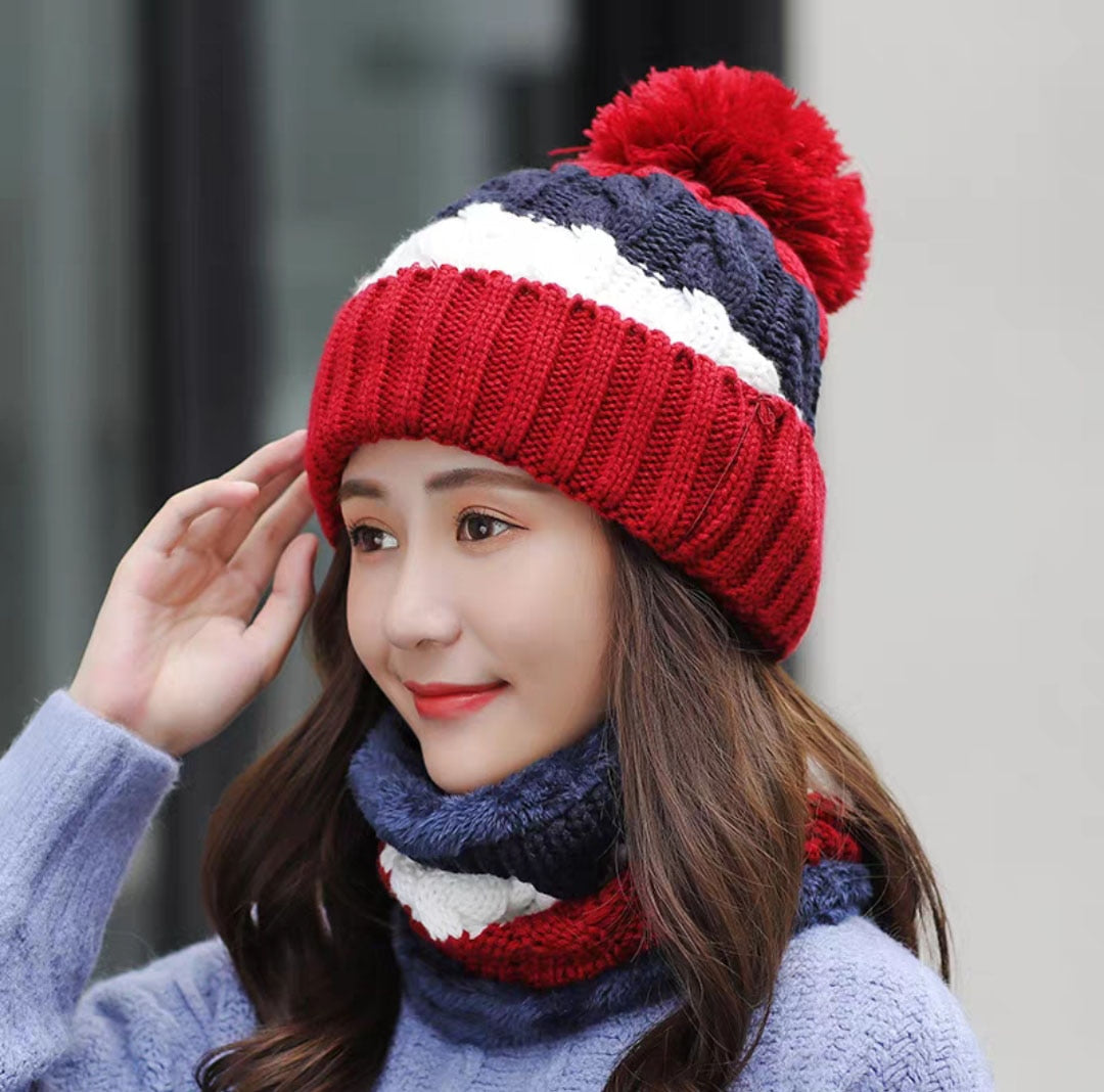 Women Wool Knitted Hat Ski Hat Sets Windproof Winter Outdoor Knit Thick Siamese Scarf Collar Warm Keep Face Warmer Beanies Hat