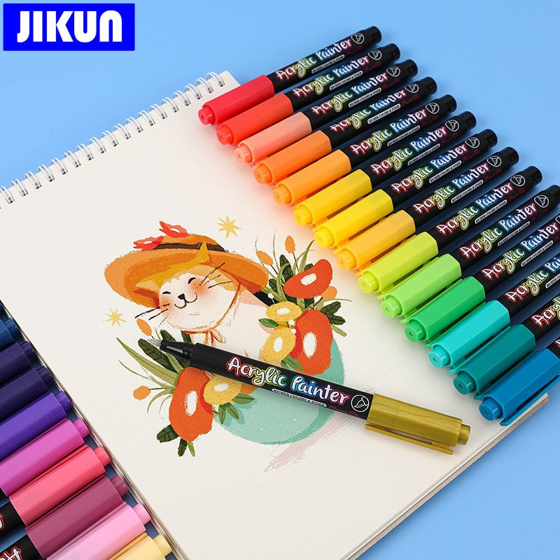 JIKUN 36 Colors Acrylic Markers Brush Pens For Fabric Rock Painting Pen Ceramic Glass Canvas DIY Card Making Art Supplies