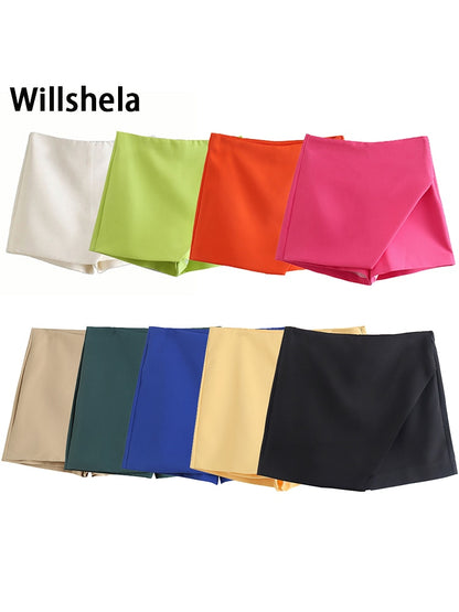 Willshela Women Fashion Asymmetrical Shorts Skirts High Waist Back Pockets Side Zipper Vintage Female Skort Solid