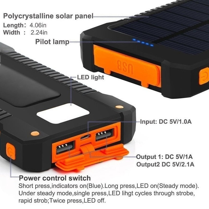 30000mah Solar Charger Portable LED Outdoor Power Bank with Charging Cable for Fast Charging External Battery for Android Iphone