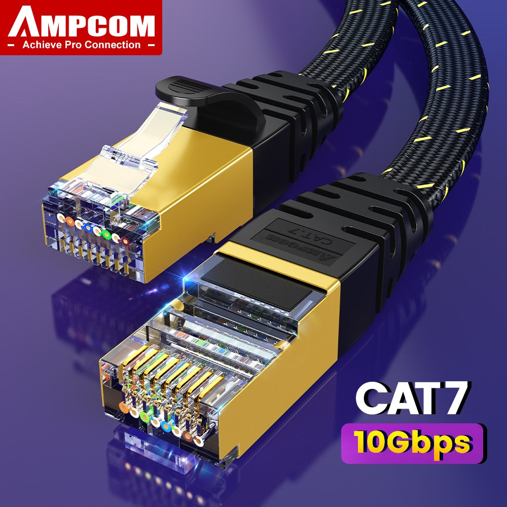 AMPCOM Cat7 Ethernet Cable Flat, Lan ,Cable ,SFTP ,Round ,RJ45 ,Network ,Cable ,CAT7 ,internet, cord, for Router, Modem, PC PS4 Patch Cable