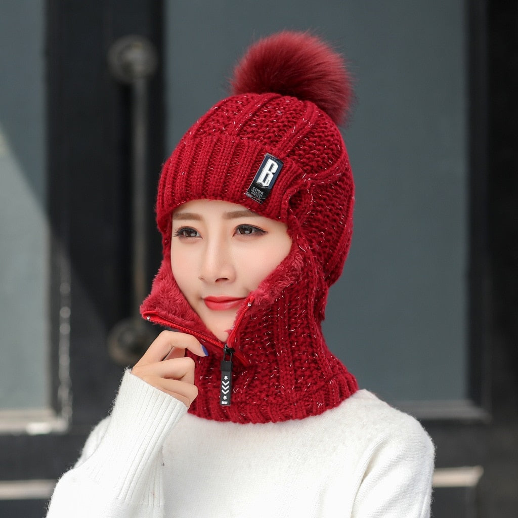 Women Wool Knitted Hat Ski Hat Sets Windproof Winter Outdoor Knit Thick Siamese Scarf Collar Warm Keep Face Warmer Beanies Hat