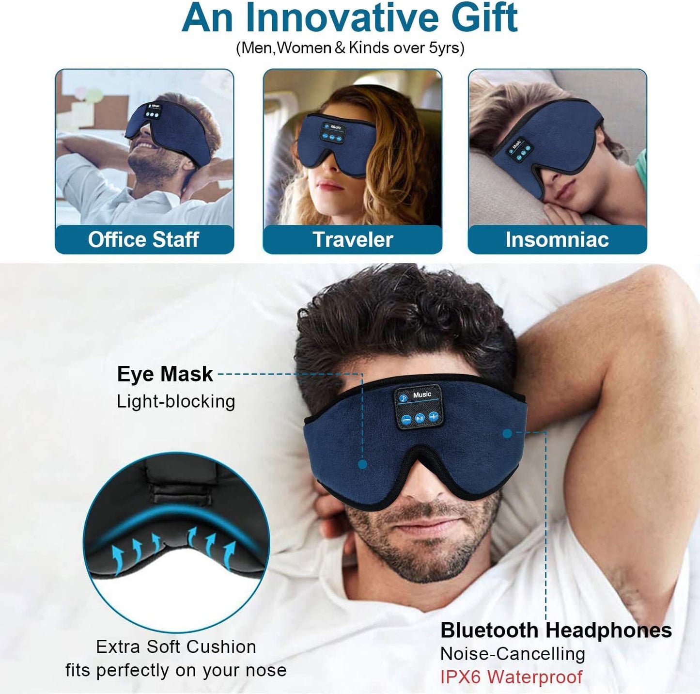 Sleep Headphones 3D Bluetooth 5.0 Headband Wireless Sleeping Artifact Breathable Music Eye Mask Earbuds for Side Sleeper Gifts