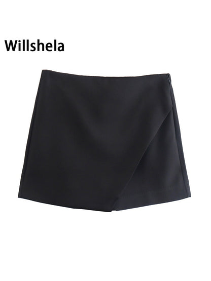 Willshela Women Fashion Asymmetrical Shorts Skirts High Waist Back Pockets Side Zipper Vintage Female Skort Solid