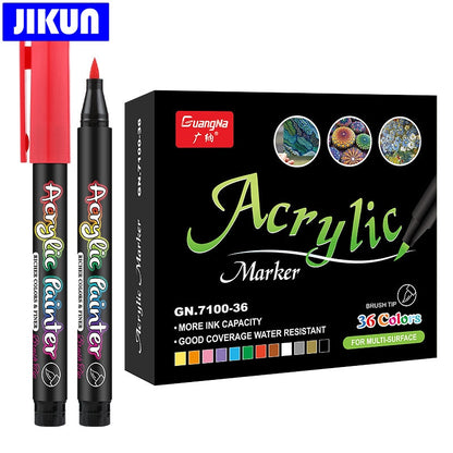 JIKUN 36 Colors Acrylic Markers Brush Pens For Fabric Rock Painting Pen Ceramic Glass Canvas DIY Card Making Art Supplies