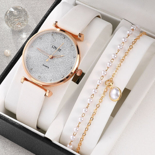 Ladies Watch Set Fashion Starry Dial Bracelet Women's Leather Strap Quartz Girl's WristWatch(No Box)