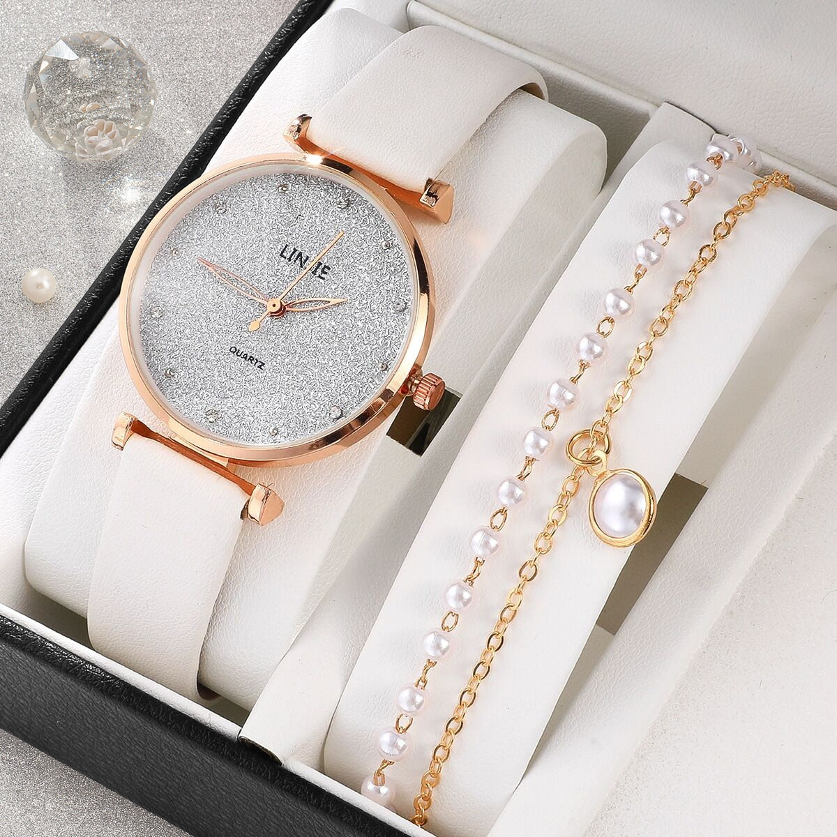 Ladies Watch Set Fashion Starry Dial Bracelet Women's Leather Strap Quartz Girl's WristWatch（No Box）