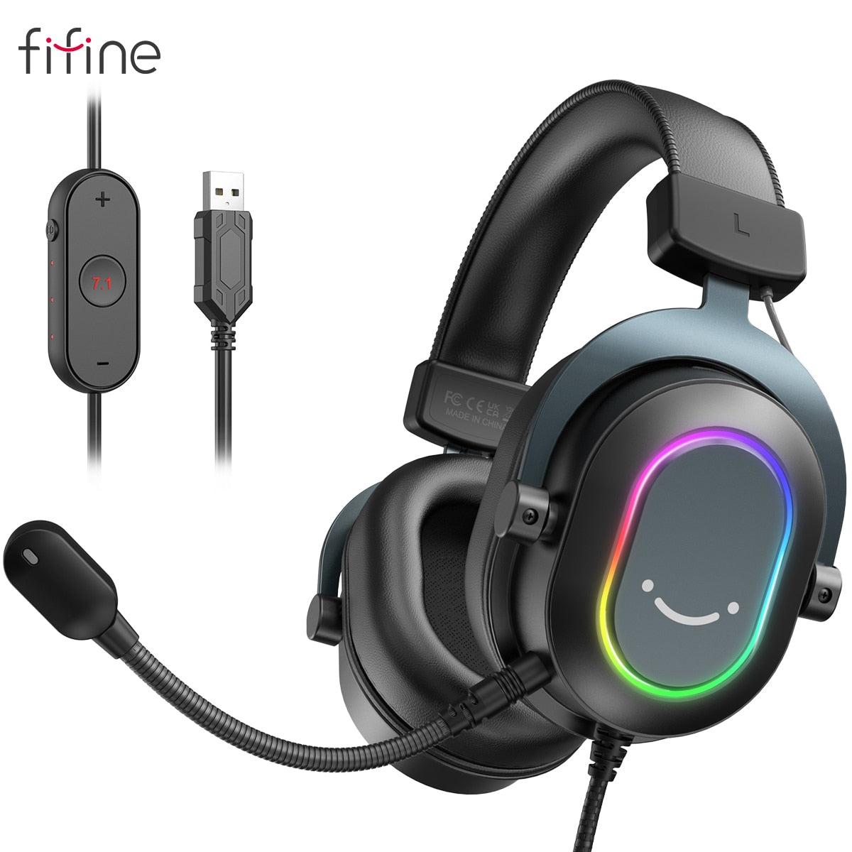 Fifine Dynamic RGB Gaming Headset with Mic Over-Ear Headphones 7.1 Surround Sound PC PS4 PS5 3 EQ Options Game Movie Music