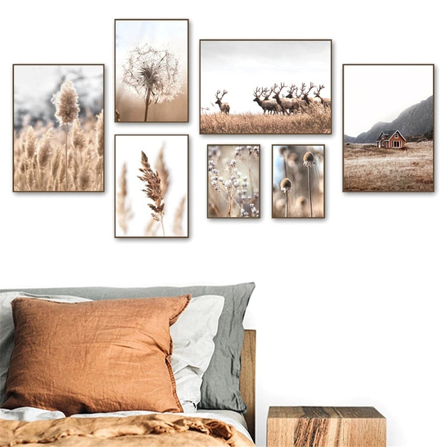 Beige Reed Dandelion Grass Cow Natural Wall Art Canvas Painting Nordic Posters And Prints Wall Pictures For Living Room Decor