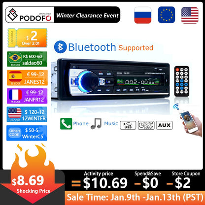 Podofo Car Radio Stereo Player Digital Bluetooth MP3 Player JSD-520 60Wx4 FM Audio Stereo Music USB/SD with In Dash AUX Input