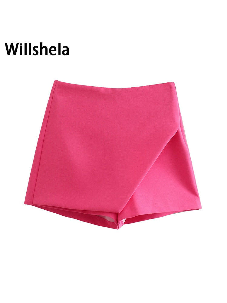 Willshela Women Fashion Asymmetrical Shorts Skirts High Waist Back Pockets Side Zipper Vintage Female Skort Solid