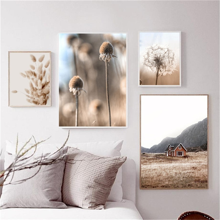 Beige Reed Dandelion Grass Cow Natural Wall Art Canvas Painting Nordic Posters And Prints Wall Pictures For Living Room Decor