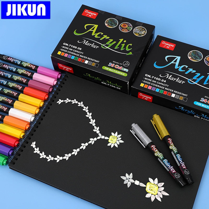 JIKUN 36 Colors Acrylic Markers Brush Pens For Fabric Rock Painting Pen Ceramic Glass Canvas DIY Card Making Art Supplies