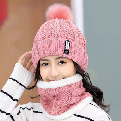 Women Wool Knitted Hat Ski Hat Sets Windproof Winter Outdoor Knit Thick Siamese Scarf Collar Warm Keep Face Warmer Beanies Hat