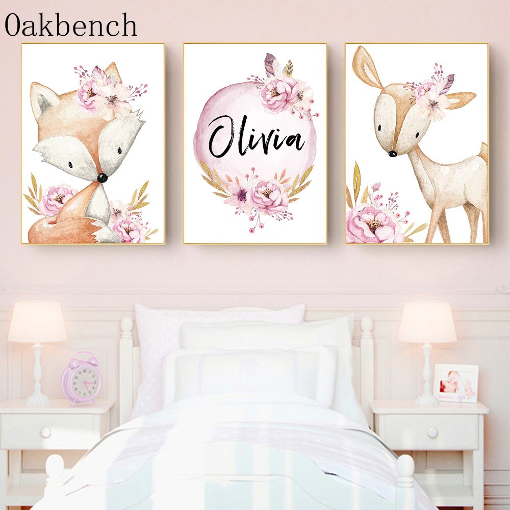 Animals Canvas Poster Custom Name Wall Art Deer Fox Art Prints Flower Bunny Print Pictures Nursery Posters Baby Girl Room Decor