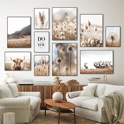 Beige Reed Dandelion Grass Cow Natural Wall Art Canvas Painting Nordic Posters And Prints Wall Pictures For Living Room Decor