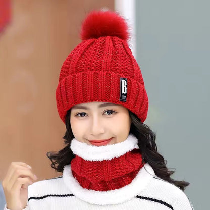 Women Wool Knitted Hat Ski Hat Sets Windproof Winter Outdoor Knit Thick Siamese Scarf Collar Warm Keep Face Warmer Beanies Hat