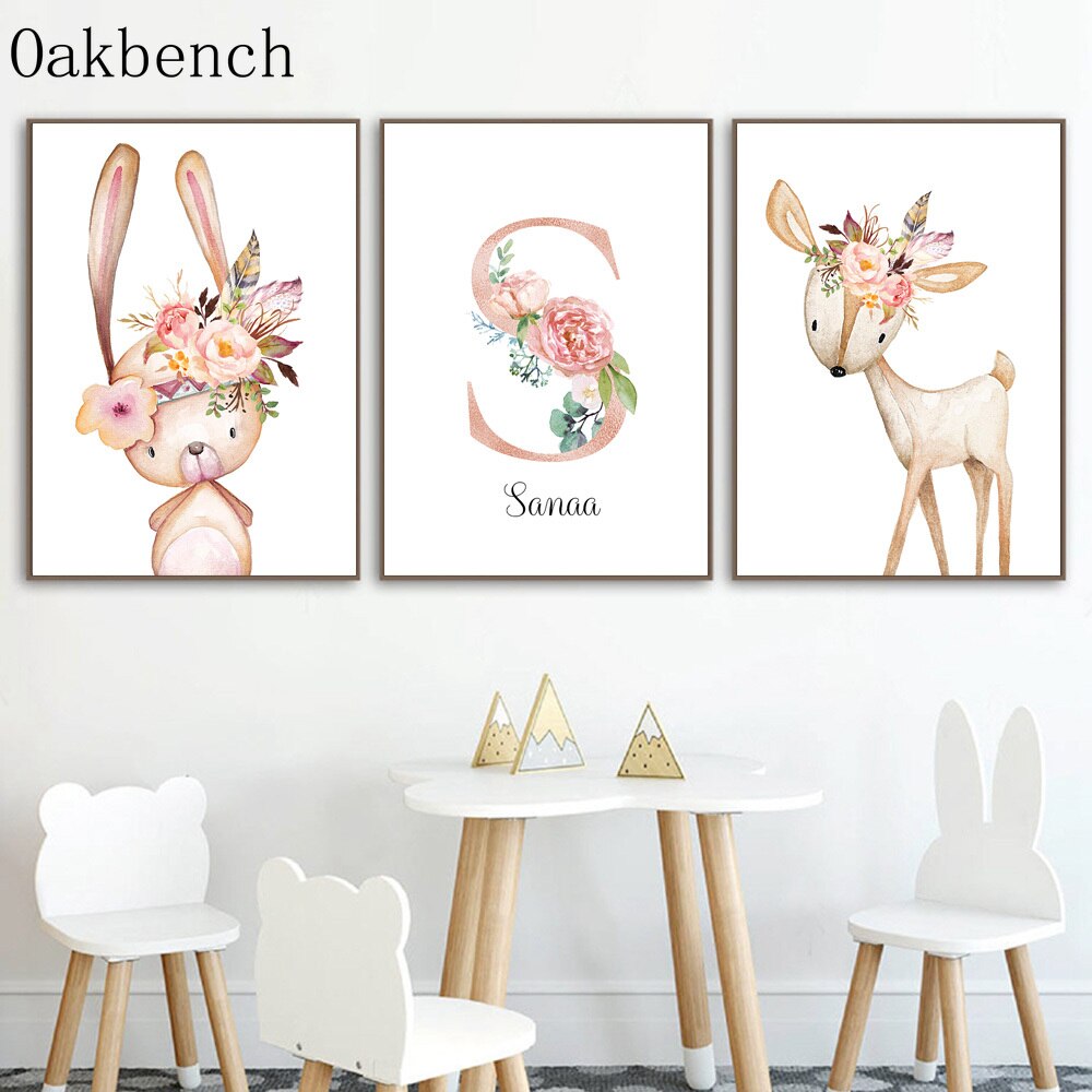 Animals Canvas Poster Custom Name Wall Art Deer Fox Art Prints Flower Bunny Print Pictures Nursery Posters Baby Girl Room Decor