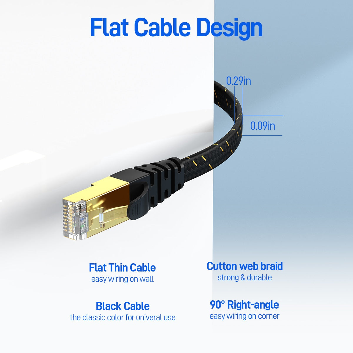 AMPCOM Cat7 Ethernet Cable Flat, Lan ,Cable ,SFTP ,Round ,RJ45 ,Network ,Cable ,CAT7 ,internet, cord, for Router, Modem, PC PS4 Patch Cable