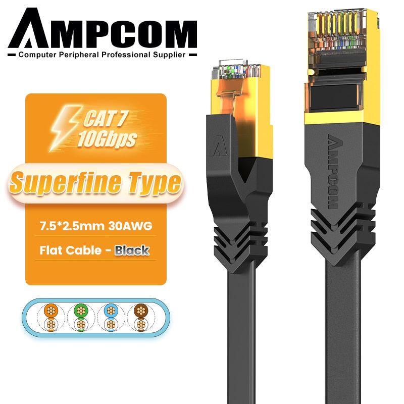 AMPCOM Cat7 Ethernet Cable Flat, Lan ,Cable ,SFTP ,Round ,RJ45 ,Network ,Cable ,CAT7 ,internet, cord, for Router, Modem, PC PS4 Patch Cable